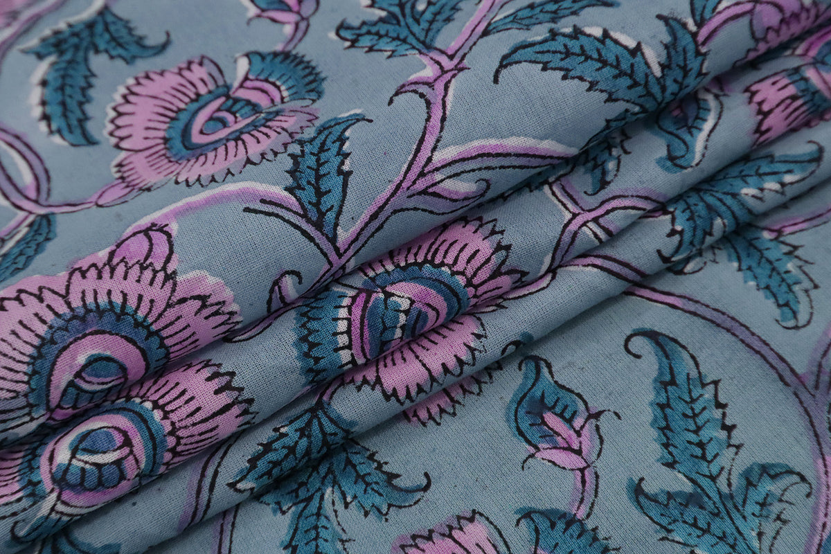 Mughal Floral Print Cotton Fabric: Blue & Pink Hand Block Print