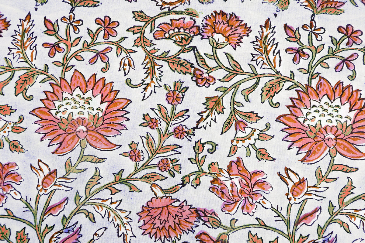 Pink Floral Block Print Cotton Fabric: Indian Handstamped Material
