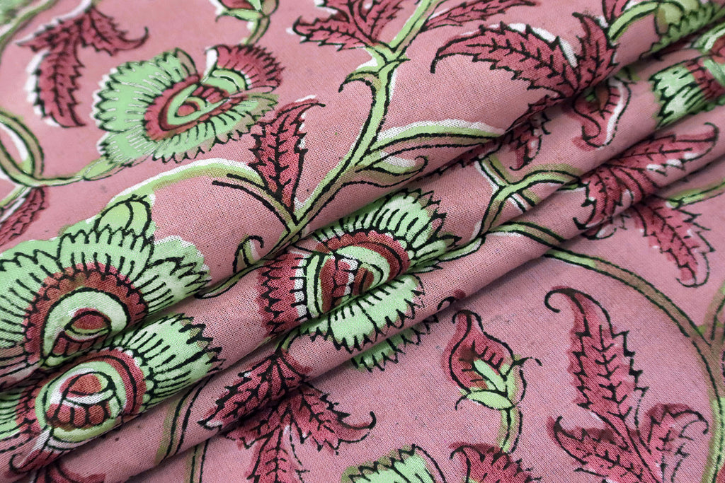 Pink Floral Cotton Fabric: Hand Block Print Indian Fabric by the Yard