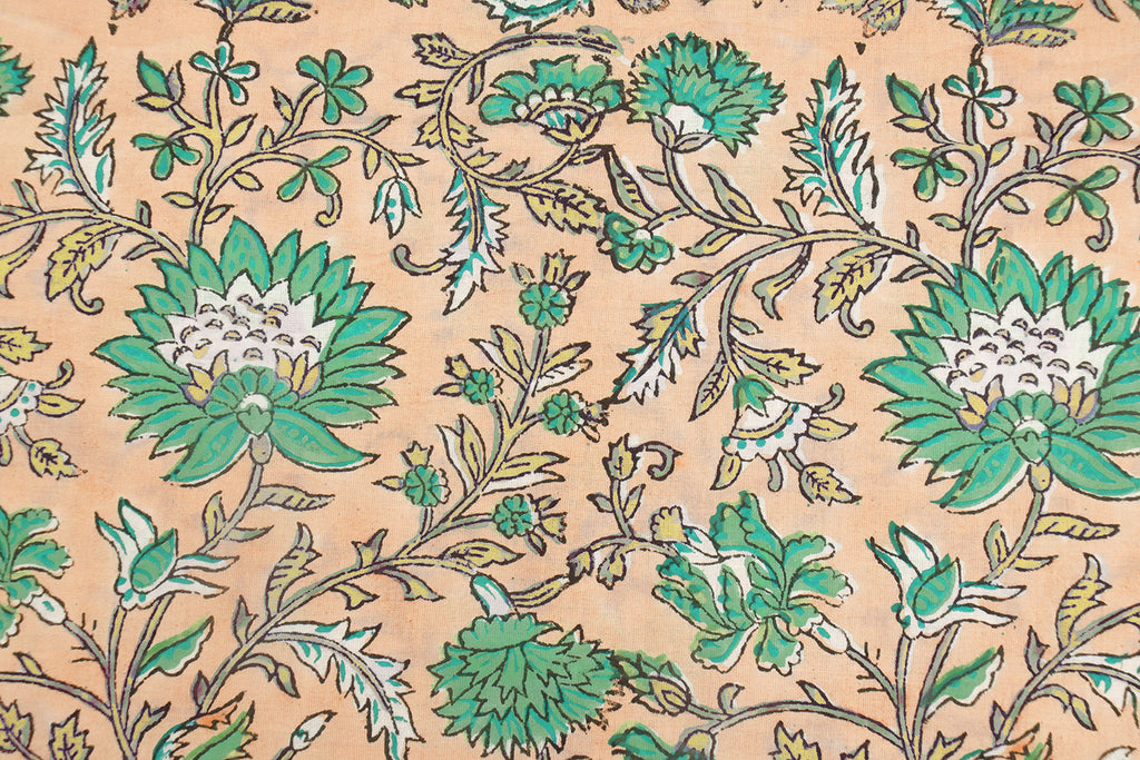 Floral Block Print Cotton Fabric: Orange & Green Mughal Design