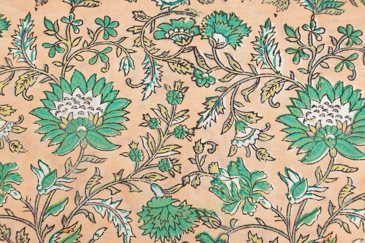 Floral Block Print Cotton Fabric: Orange & Green Mughal Design