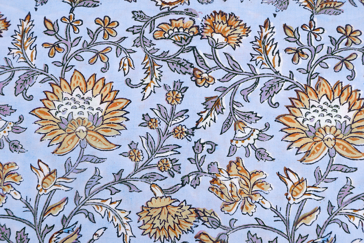 Blue Floral Blockprint Cotton Fabric: Handstamped Indian Fabric