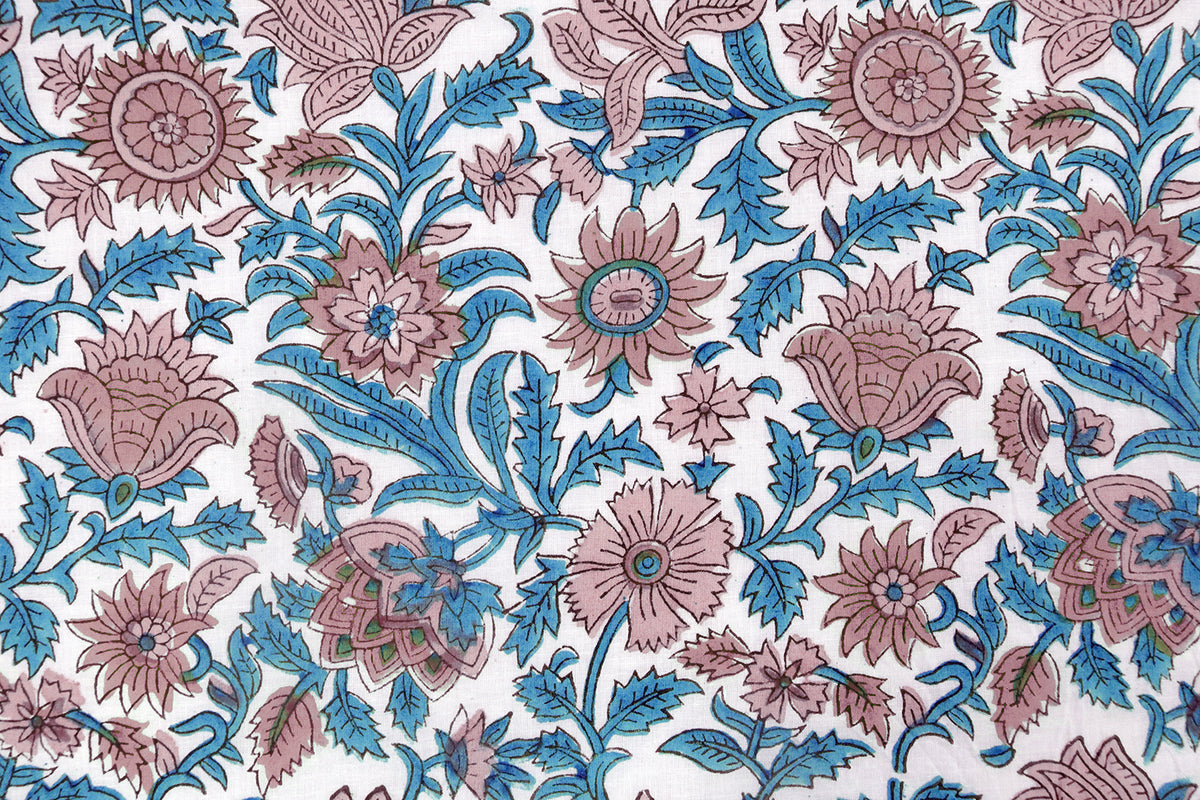 Hand Block Print Cotton Fabric: Pink, Blue Floral Indian Fabric by the Yard