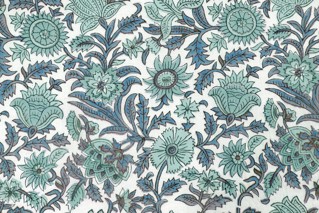 Hand Block Print Cotton Fabric: Green Floral Indian Fabric by the Yard