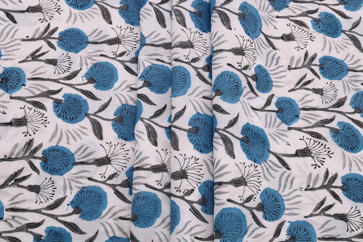 Blue Floral Blockprint Cotton Fabric: Handstamped Indian Fabric