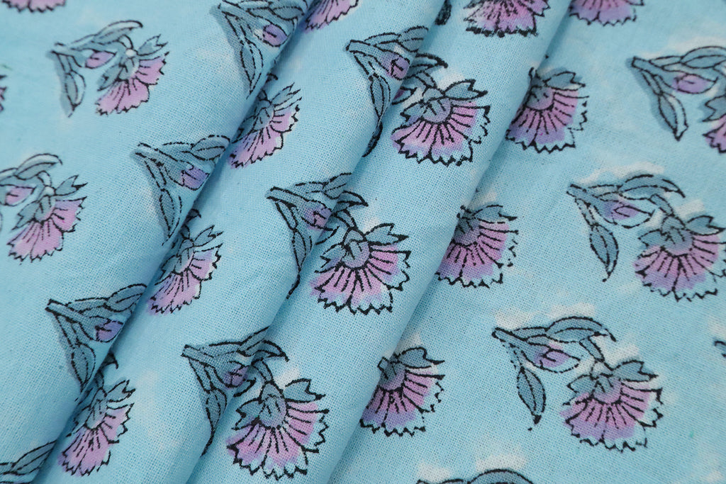 Blue Floral Blockprint Cotton Fabric: Handstamped Indian Fabric