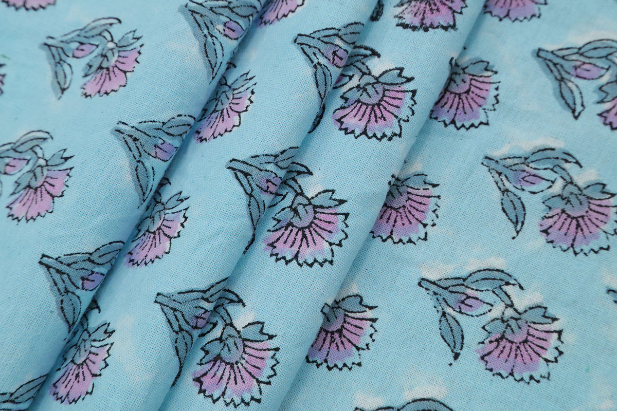 Blue Floral Blockprint Cotton Fabric: Handstamped Indian Fabric