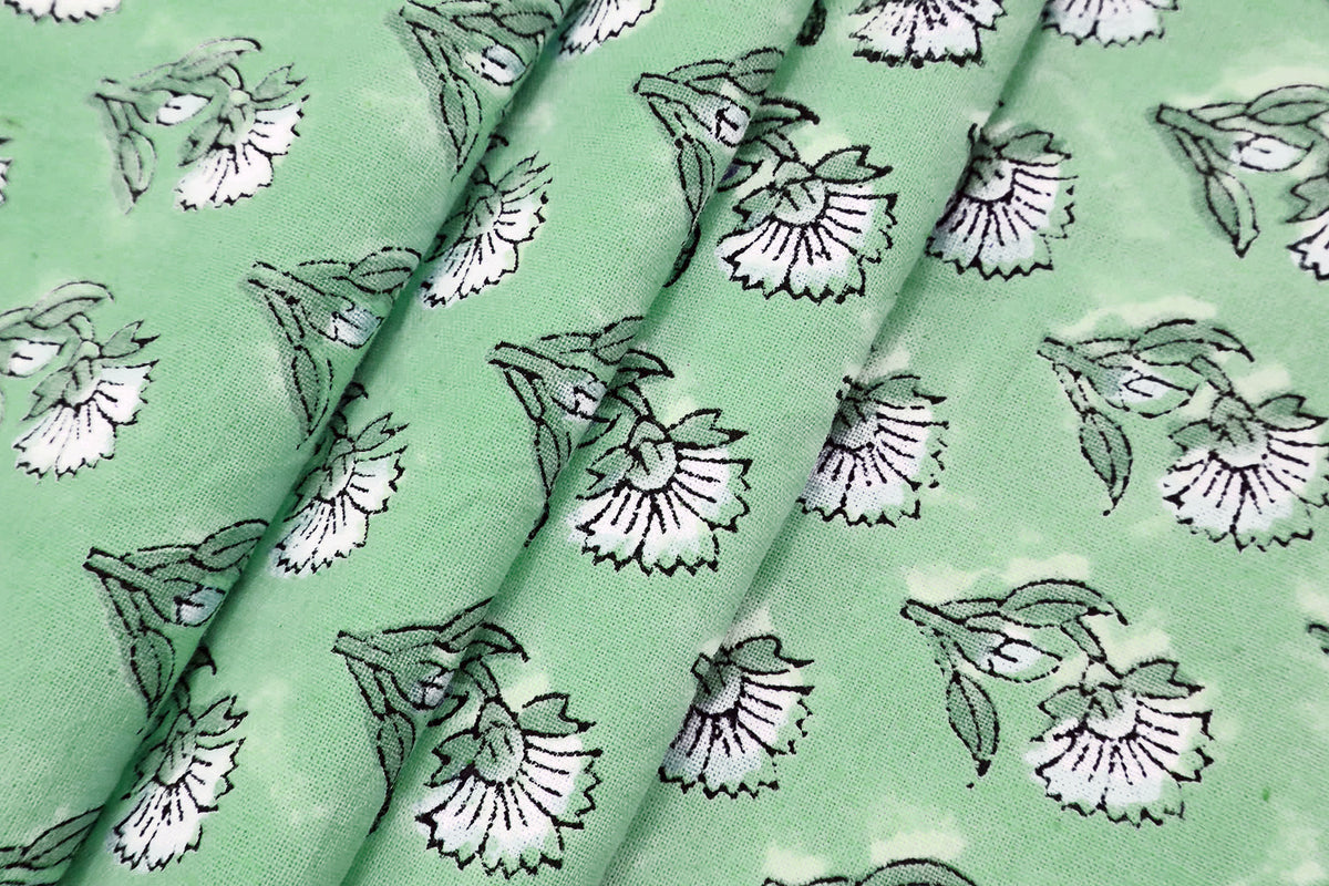 Green Floral Blockprint Cotton Fabric: Handstamped Indian Fabric