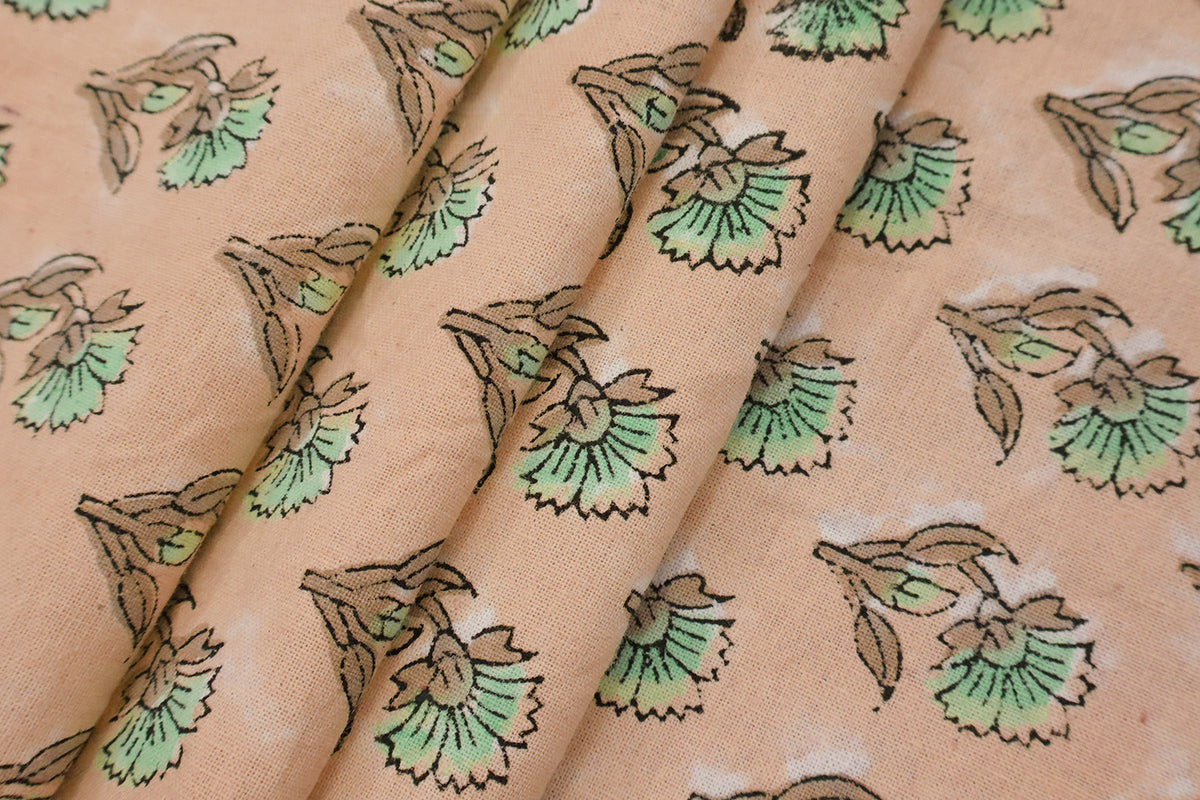 Peach Floral Block Print Cotton Fabric: Indian Handstamped Material