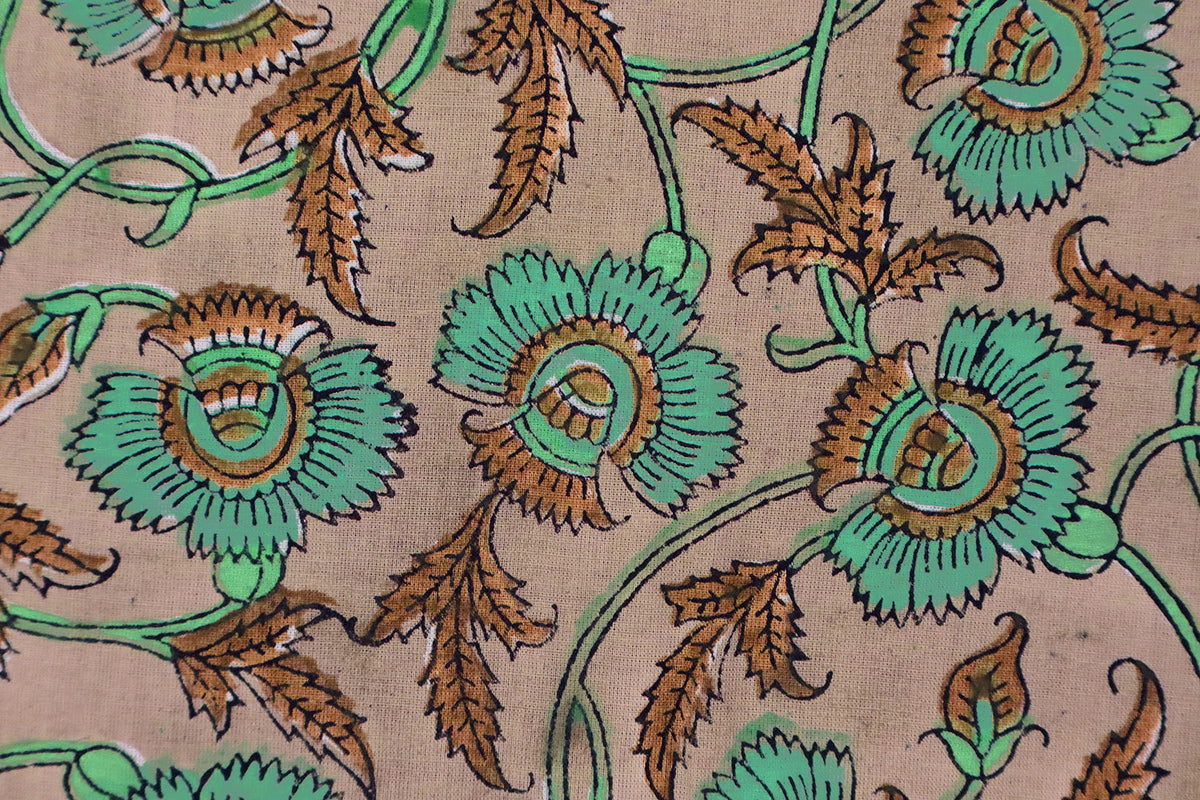 Floral Block Print Cotton Fabric: Orange & Green Indian Fabric