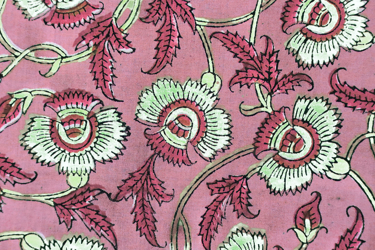 Pink Floral Cotton Fabric: Hand Block Print Indian Fabric by the Yard