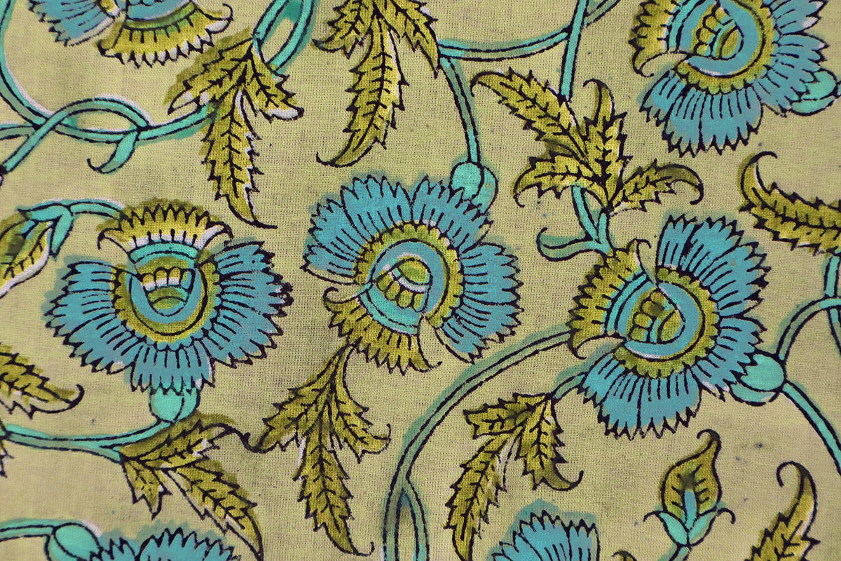 Floral Block Print Cotton Fabric: Blue & Yellow Indian Fabric by the Yard