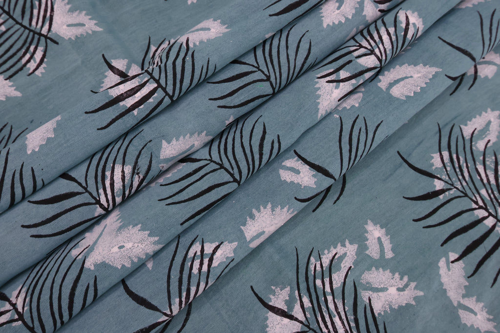 Blue Cotton Blockprint Fabric: Handstamped Floral Print