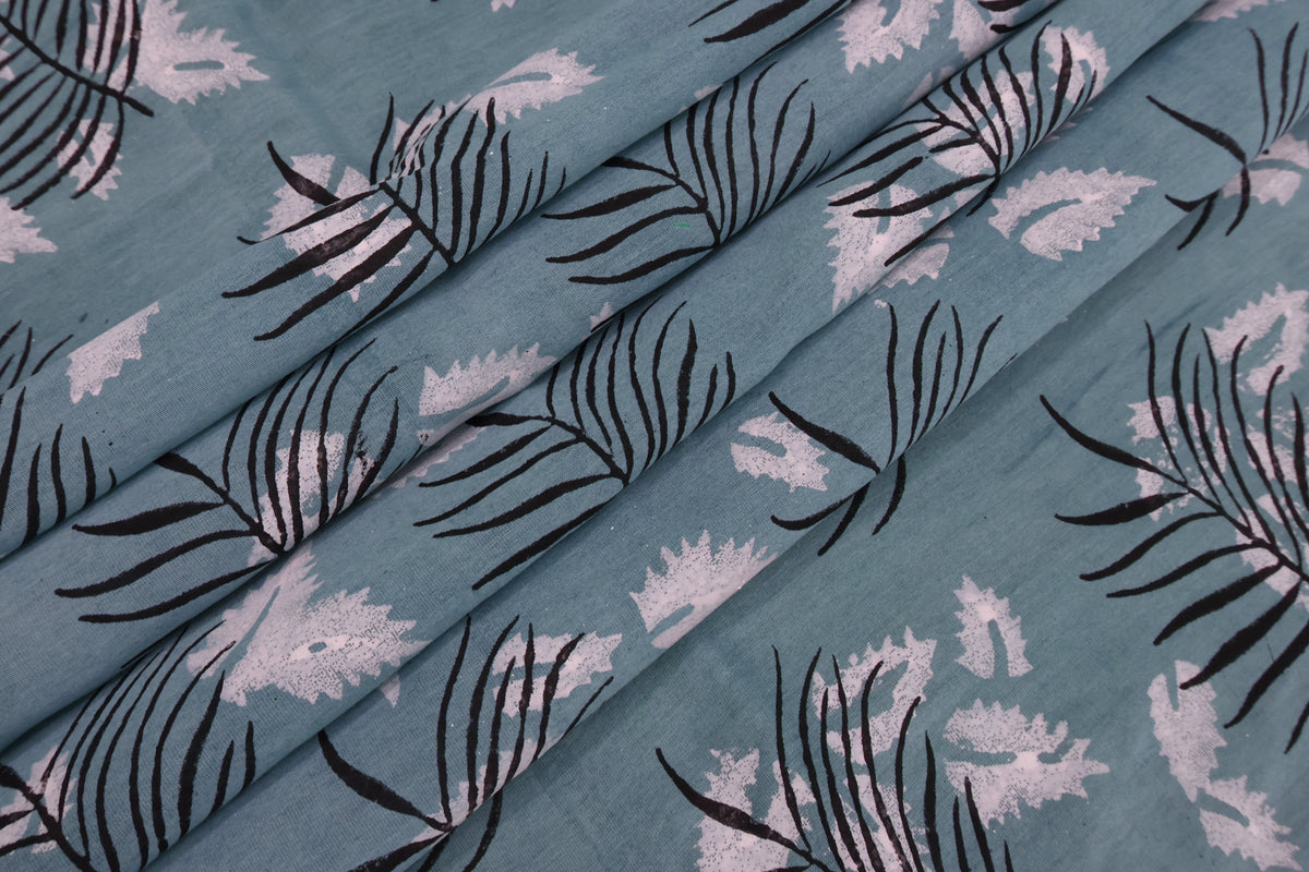 Blue Cotton Blockprint Fabric: Handstamped Floral Print