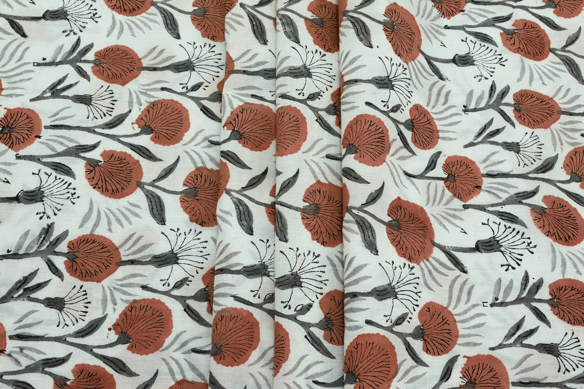 Red Floral Blockprint Cotton Fabric: Handstamped Indian Fabric