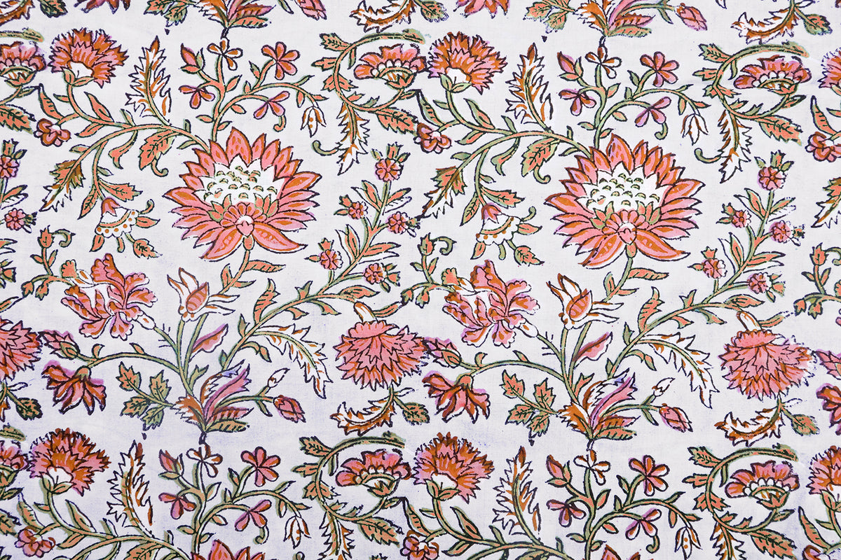 Pink Floral Block Print Cotton Fabric: Indian Handstamped Material