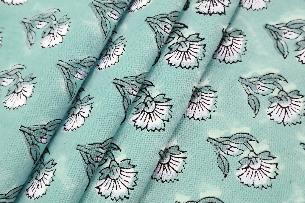 Blue Floral Block Print Cotton Fabric: Handstamped Indian Fabric