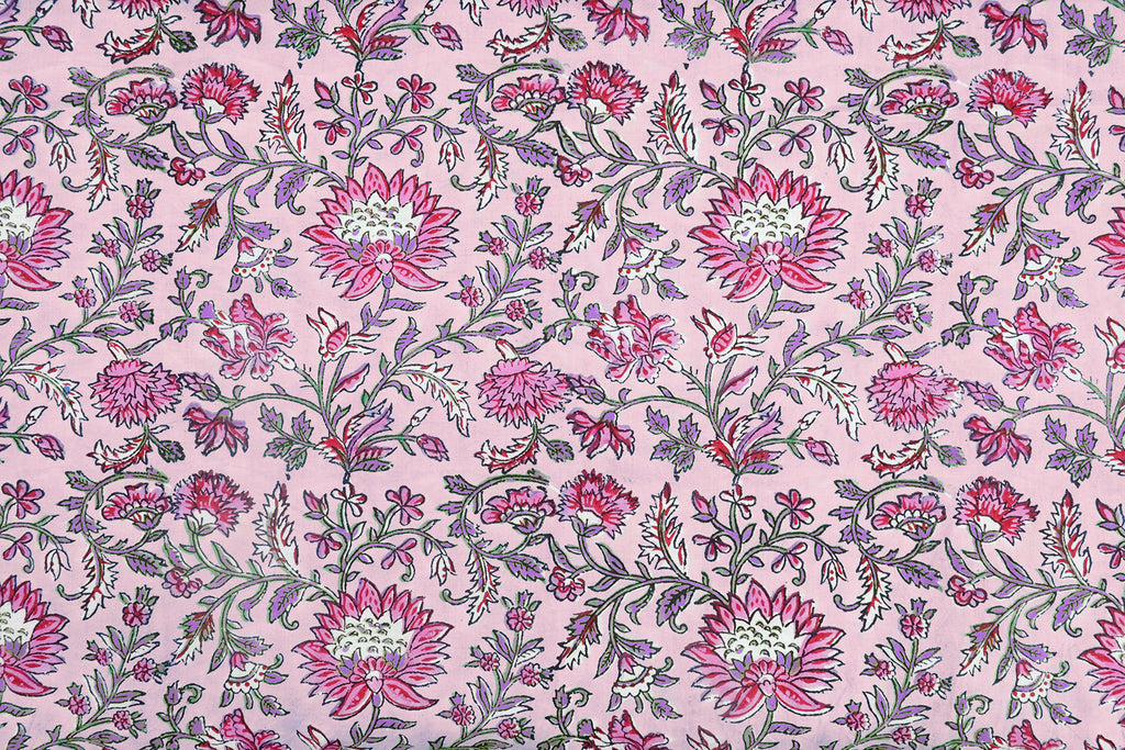 Pink Floral Block Print Cotton Fabric: Hand-Stamped Indian Fabric
