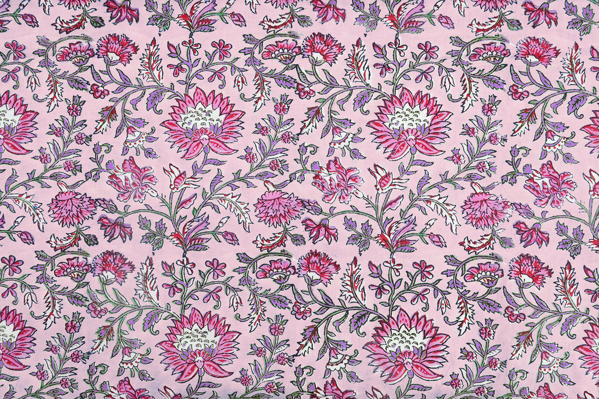 Pink Floral Block Print Cotton Fabric: Hand-Stamped Indian Fabric
