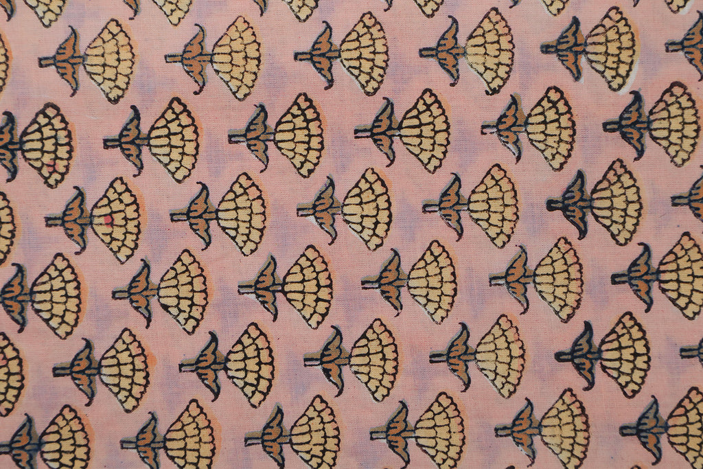 Pink Floral Blockprint Cotton Fabric: Handstamped Indian Fabric