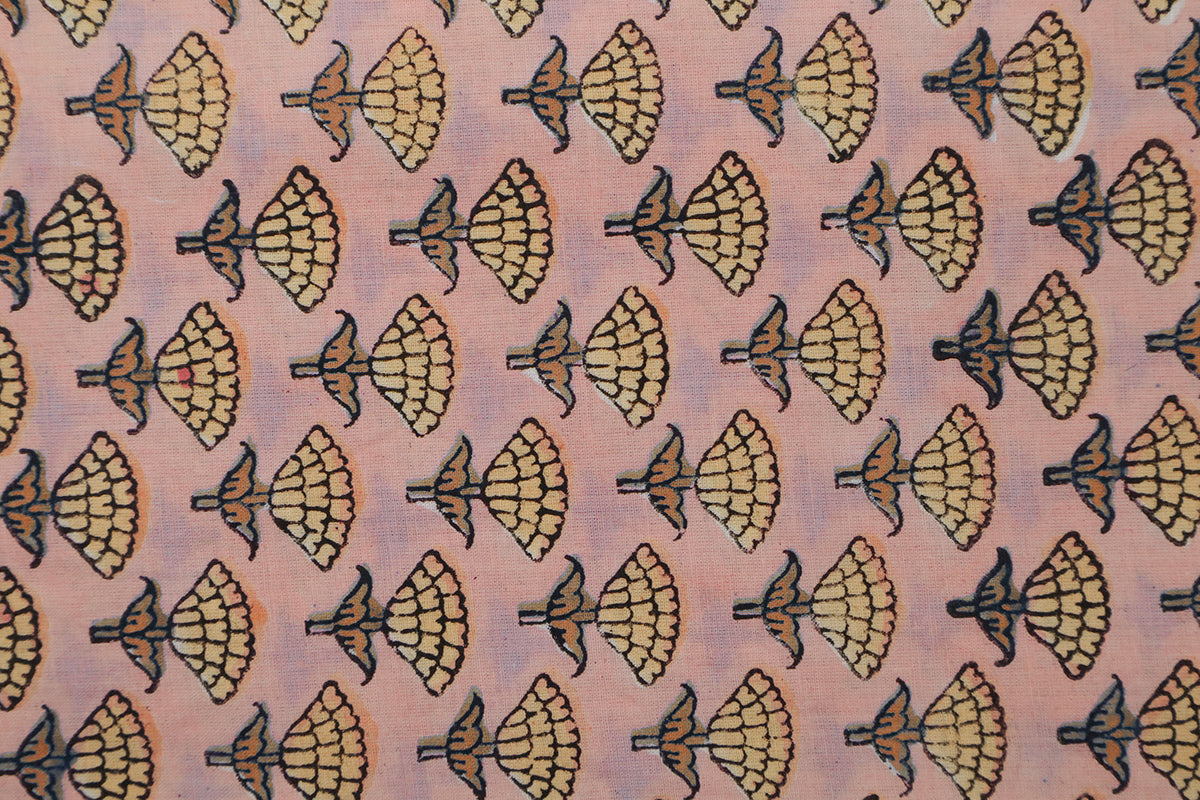 Pink Floral Blockprint Cotton Fabric: Handstamped Indian Fabric