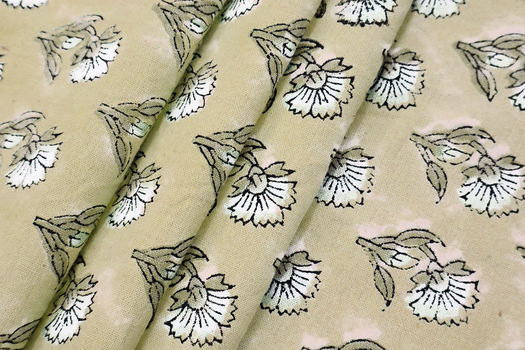 Floral Block Print Cotton Fabric: Brown & White Mughal Design