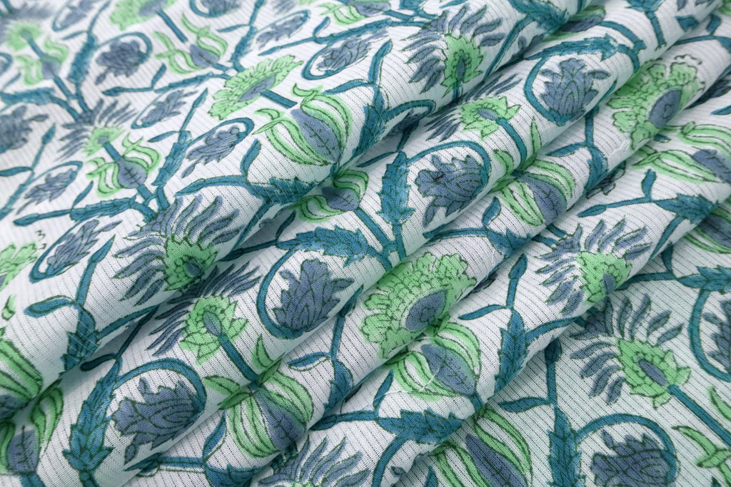 Floral Block Print Cotton Fabric: Blue, White & Green Indian Fabric