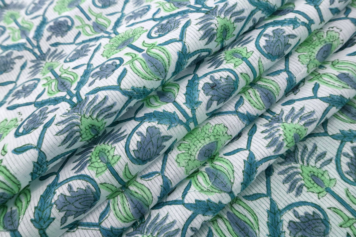 Floral Block Print Cotton Fabric: Blue, White & Green Indian Fabric