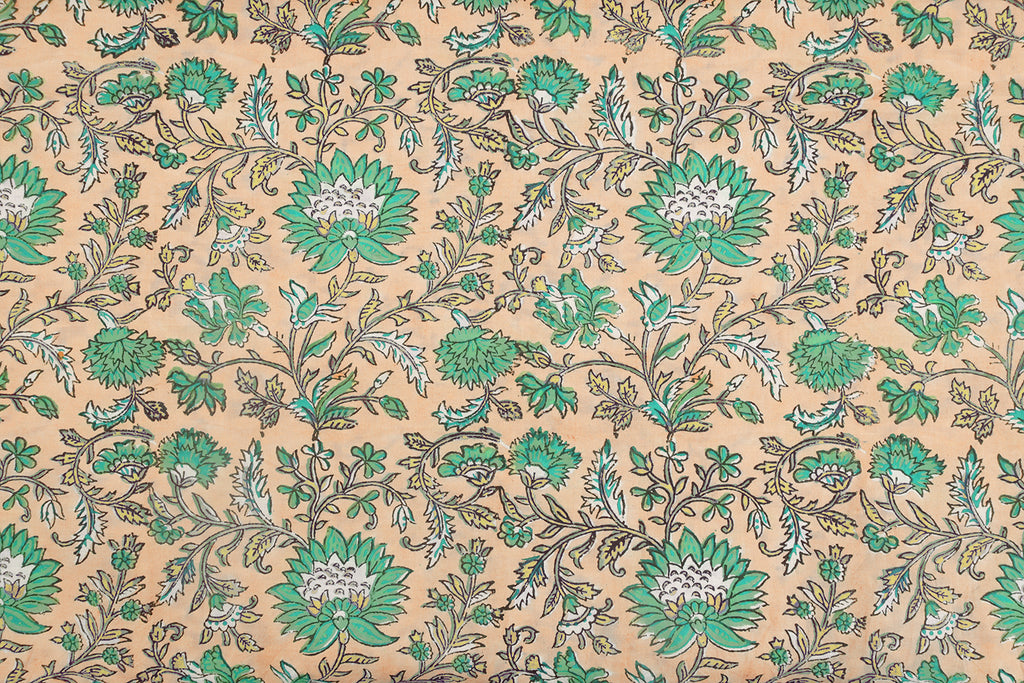 Floral Block Print Cotton Fabric: Orange & Green Mughal Design