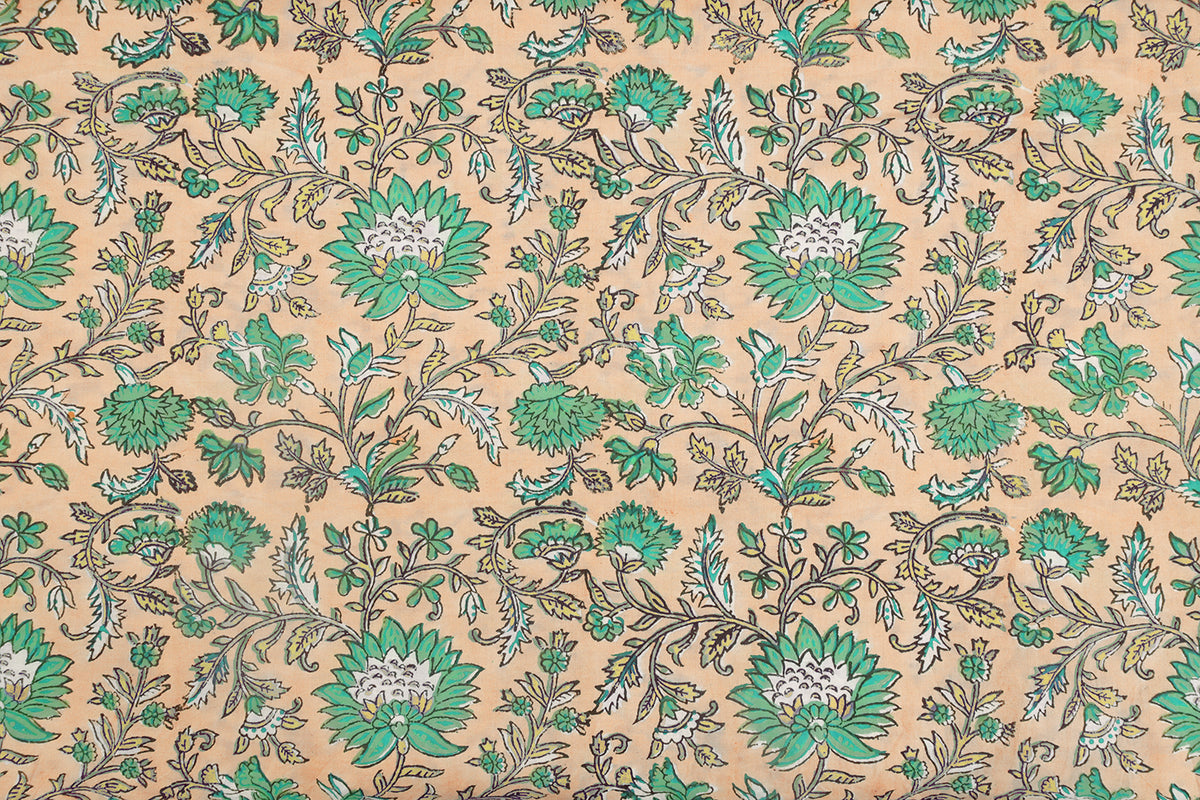 Floral Block Print Cotton Fabric: Orange & Green Mughal Design