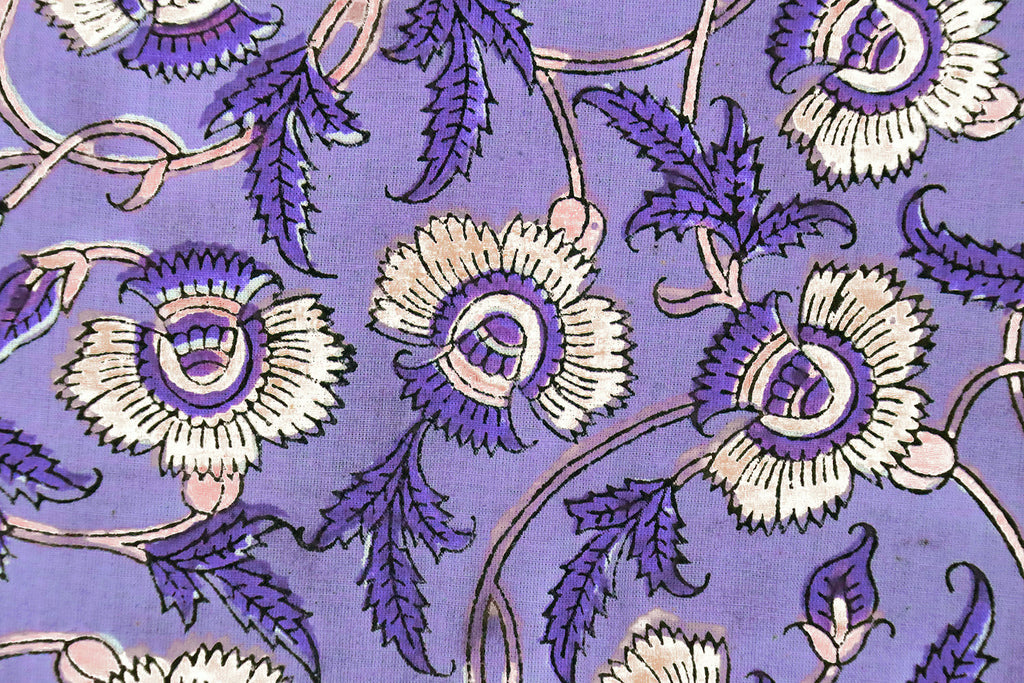 Purple Floral Cotton Fabric: Hand Block Print Indian Fabric by the Yard