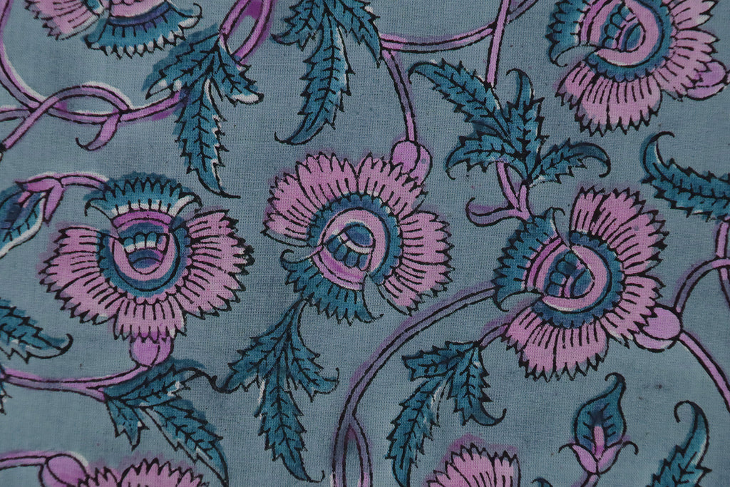 Mughal Floral Print Cotton Fabric: Blue & Pink Hand Block Print