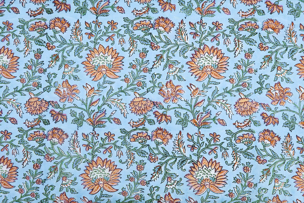 Blue Floral Blockprint Cotton Fabric: Handstamped Indian Fabric