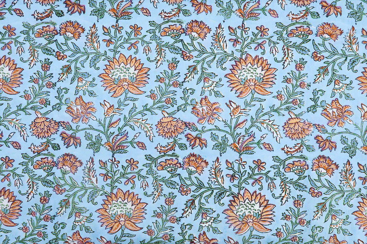 Blue Floral Blockprint Cotton Fabric: Handstamped Indian Fabric