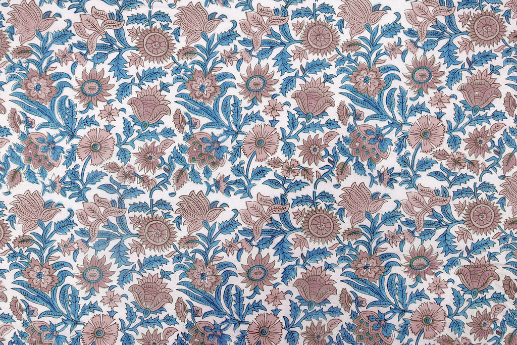 Hand Block Print Cotton Fabric: Pink, Blue Floral Indian Fabric by the Yard