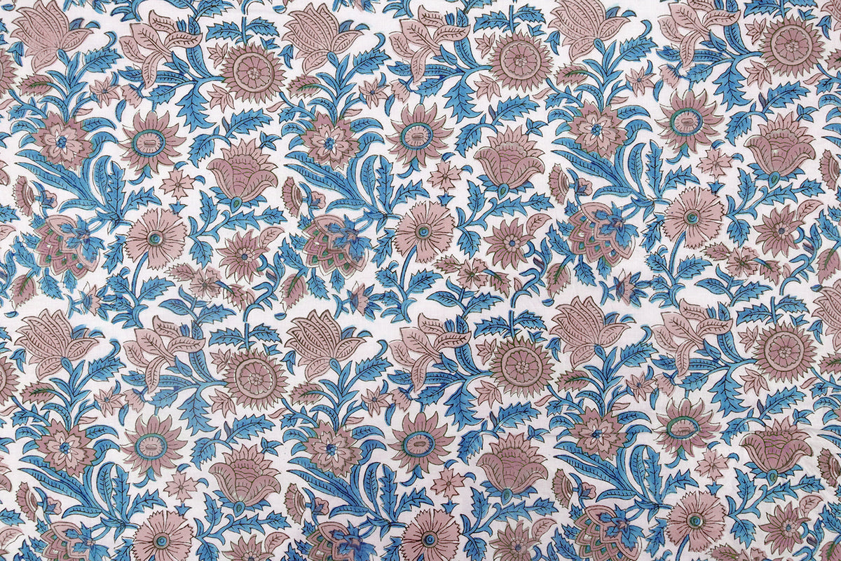 Hand Block Print Cotton Fabric: Pink, Blue Floral Indian Fabric by the Yard