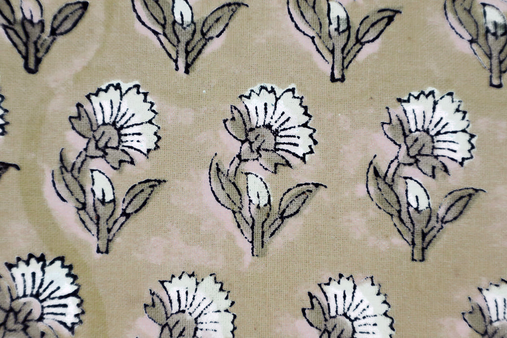 Floral Block Print Cotton Fabric: Brown & White Mughal Design