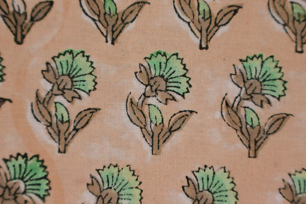 Peach Floral Block Print Cotton Fabric: Indian Handstamped Material