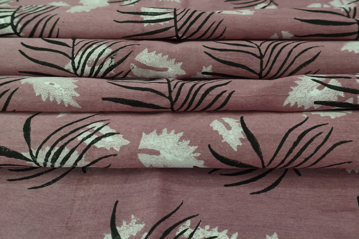 Pink Floral Blockprint Cotton Fabric: Hand-Stamped Indian Fabric