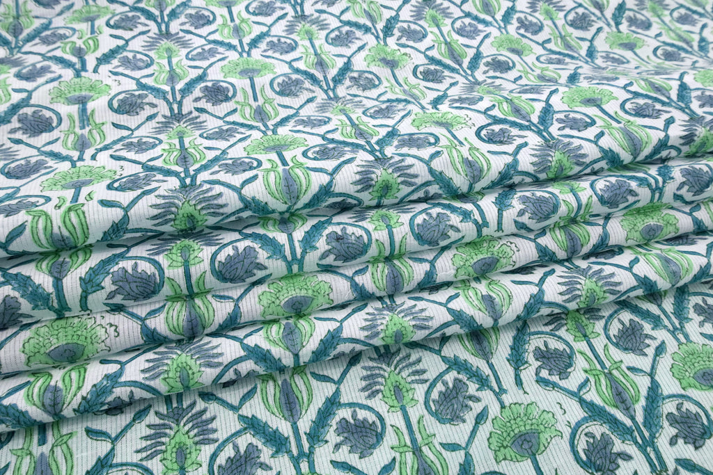 Floral Block Print Cotton Fabric: Blue, White & Green Indian Fabric