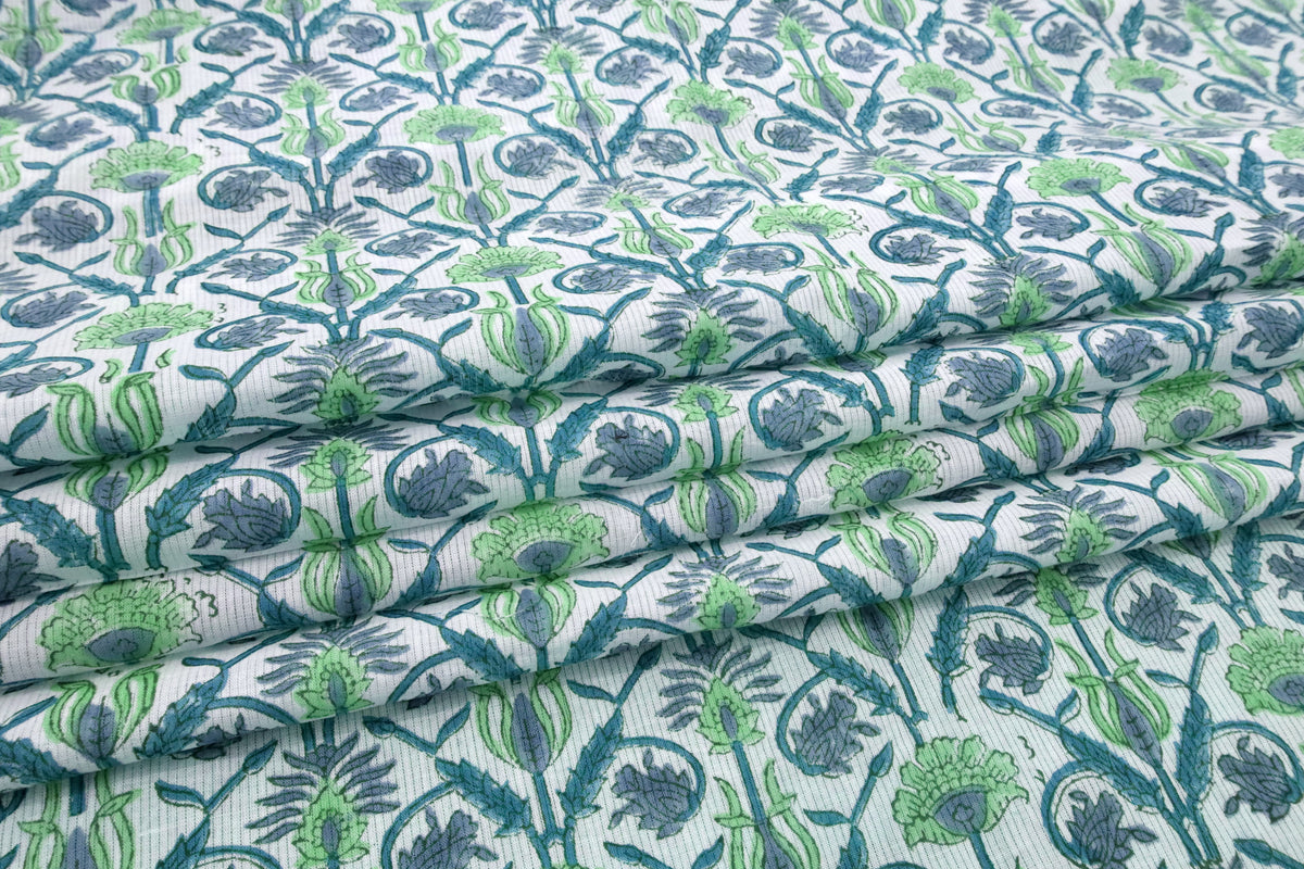 Floral Block Print Cotton Fabric: Blue, White & Green Indian Fabric