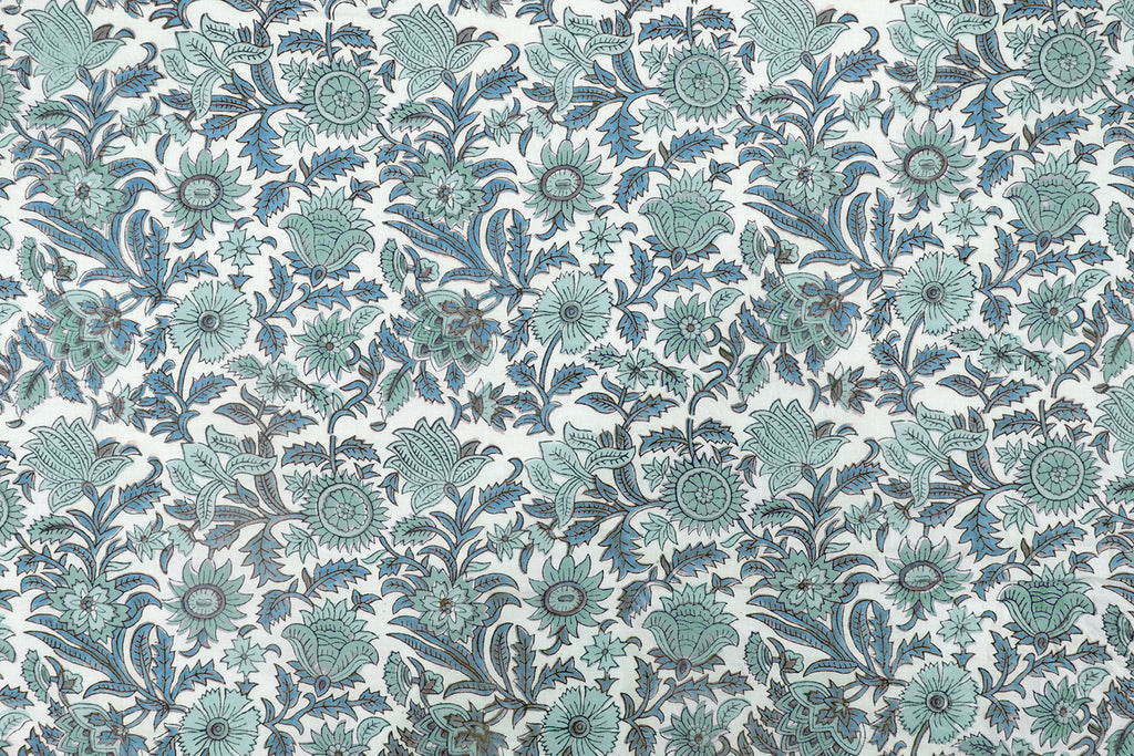 Hand Block Print Cotton Fabric: Green Floral Indian Fabric by the Yard