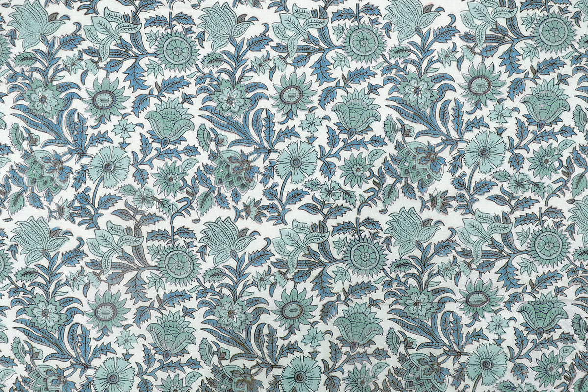 Hand Block Print Cotton Fabric: Green Floral Indian Fabric by the Yard