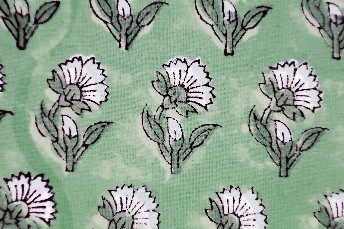 Green Floral Blockprint Cotton Fabric: Handstamped Indian Fabric
