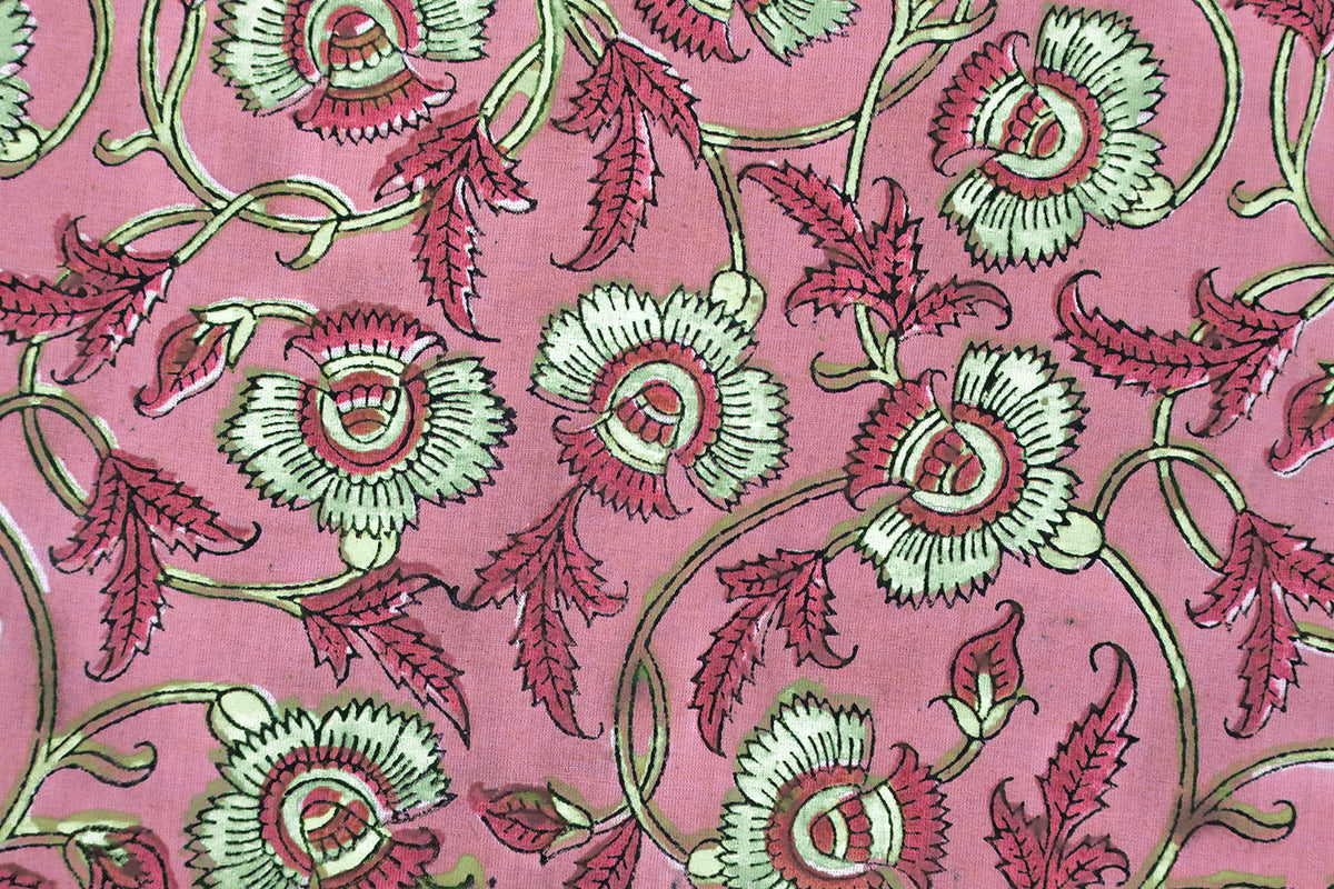 Pink Floral Cotton Fabric: Hand Block Print Indian Fabric by the Yard