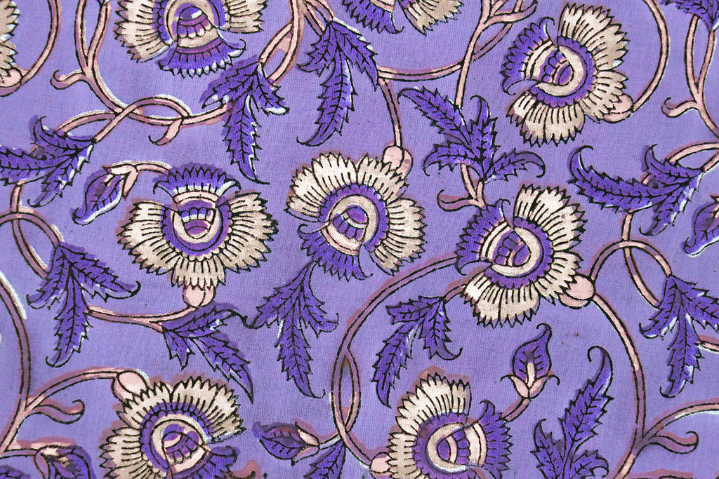 Purple Floral Cotton Fabric: Hand Block Print Indian Fabric by the Yard