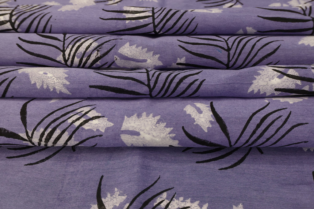 Purple Floral Blockprint Cotton Fabric: Handstamped Indian Fabric