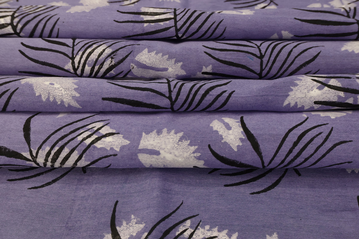 Purple Floral Blockprint Cotton Fabric: Handstamped Indian Fabric