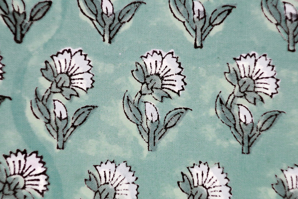 Blue Floral Block Print Cotton Fabric: Handstamped Indian Fabric
