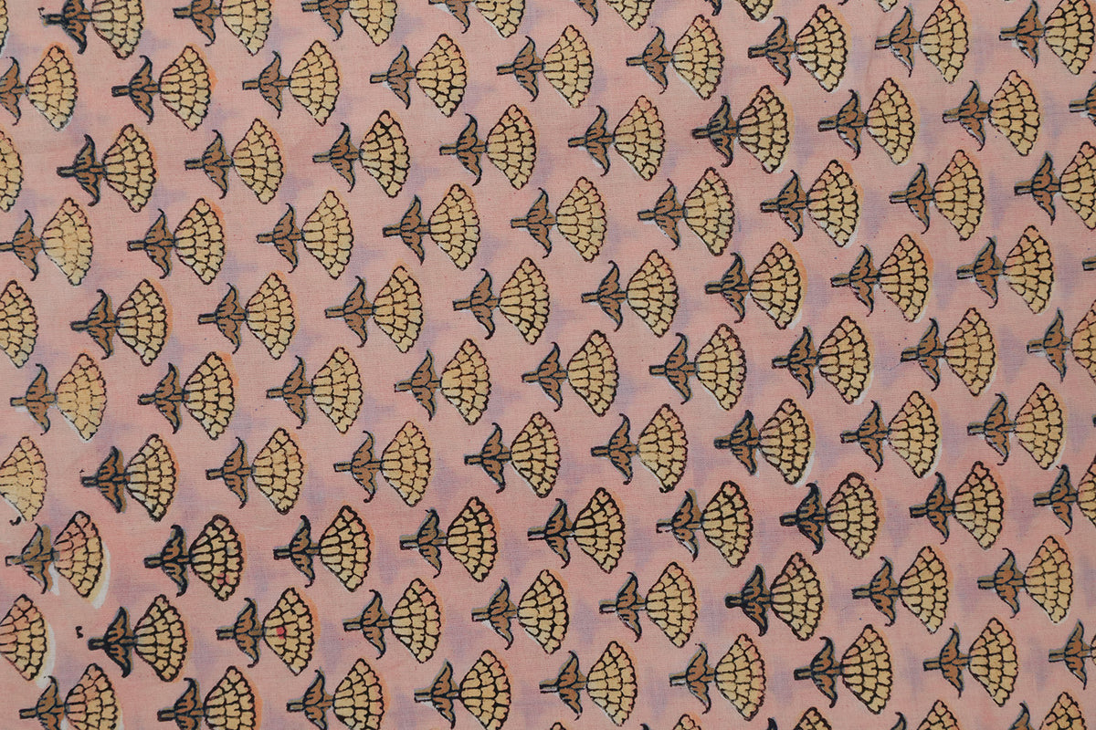 Pink Floral Blockprint Cotton Fabric: Handstamped Indian Fabric